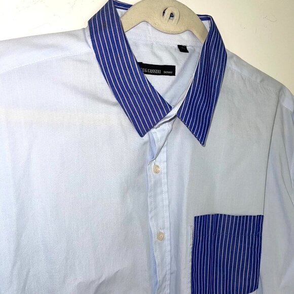 Oleg Cassini Skinny Shirt XL Mens Vintage Cotton Blue Pink Striped Pocket Collar - Picture 3 of 12